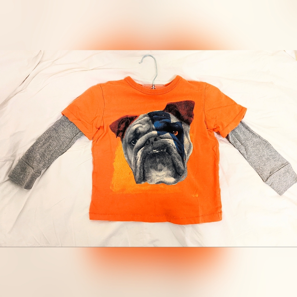 Gap 3T bulldog L/S orange shirt silkscreen dog face super cute Boy or Girl Top